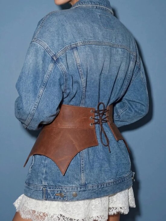 Brown genuine leather basque belt main image 5